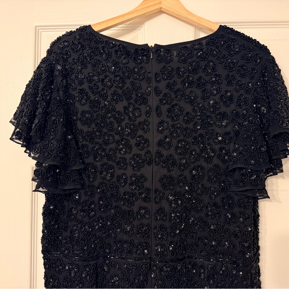 Mac Duggal Black Beaded Floral Ruffle-Sleeve Gown